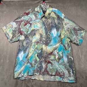 Riscatto Mens XL Short Sleeve Button Up Shirt 100% Cupro Abstract Paisley Blue
